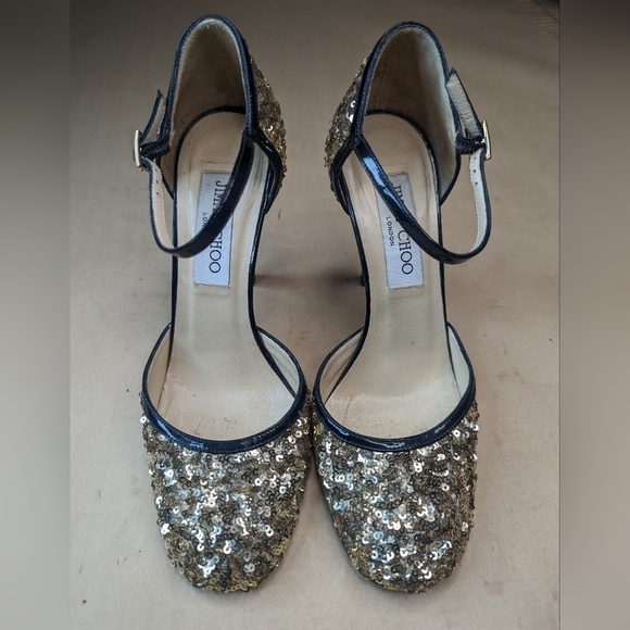 Jimmy Choo London women's 3.5" Heels Size 36 . Golden sequins and black patent l - Picture 2 of 11